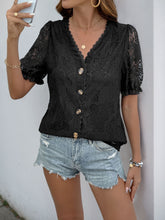 Perfee Button Down Short Sleeve Lace Shirt OutfitFlow